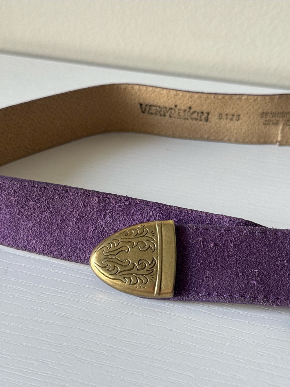 Vintage Purple Suede Leather Western Belt Brass Buckle - Picture 3 of 8